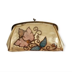 Vintage 50s 60s collectible Vinyl Covered Embroidered clutch With Metallic Gold